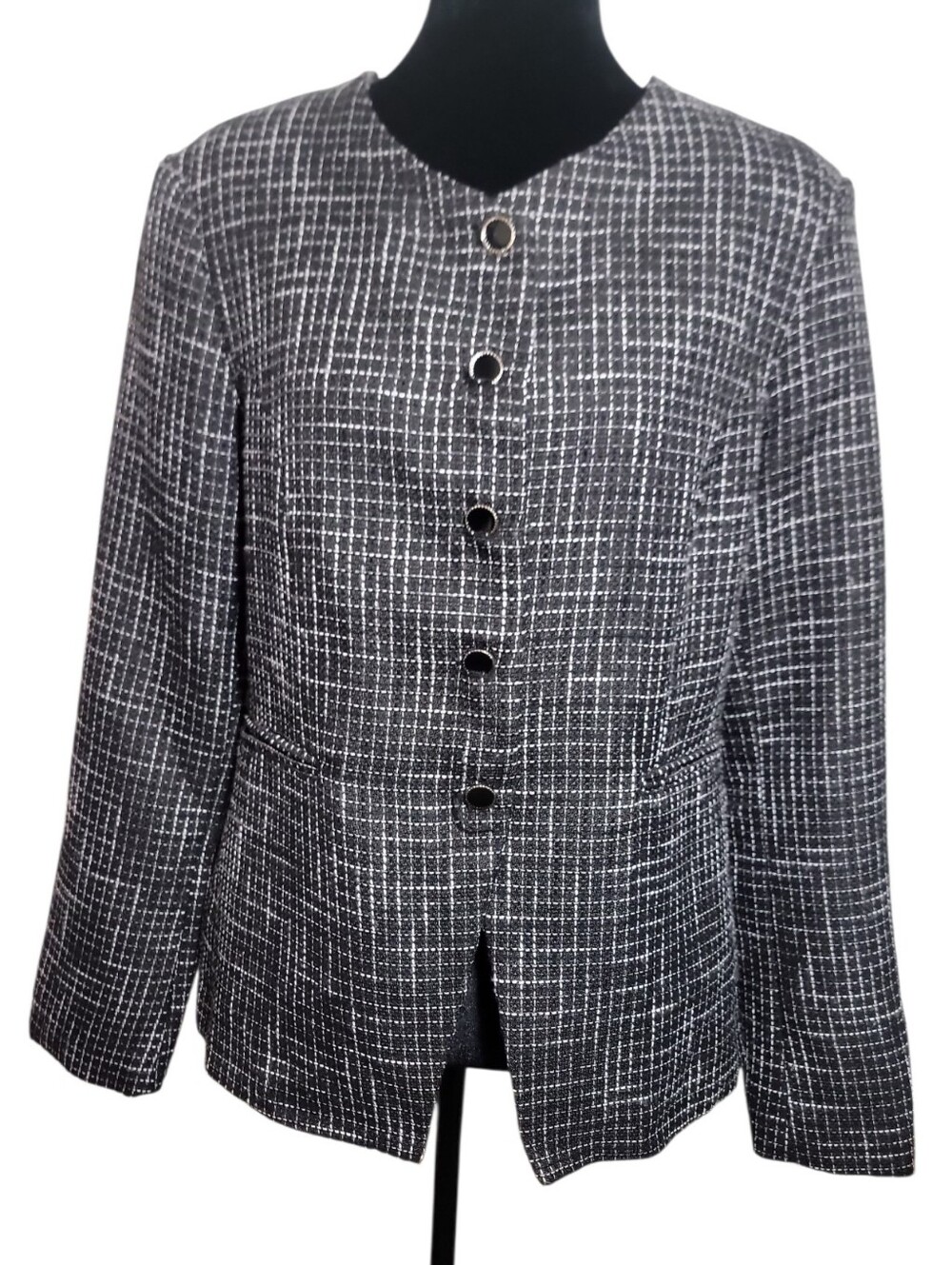 Joie black white textured tweed button front women's blazer size medium lined